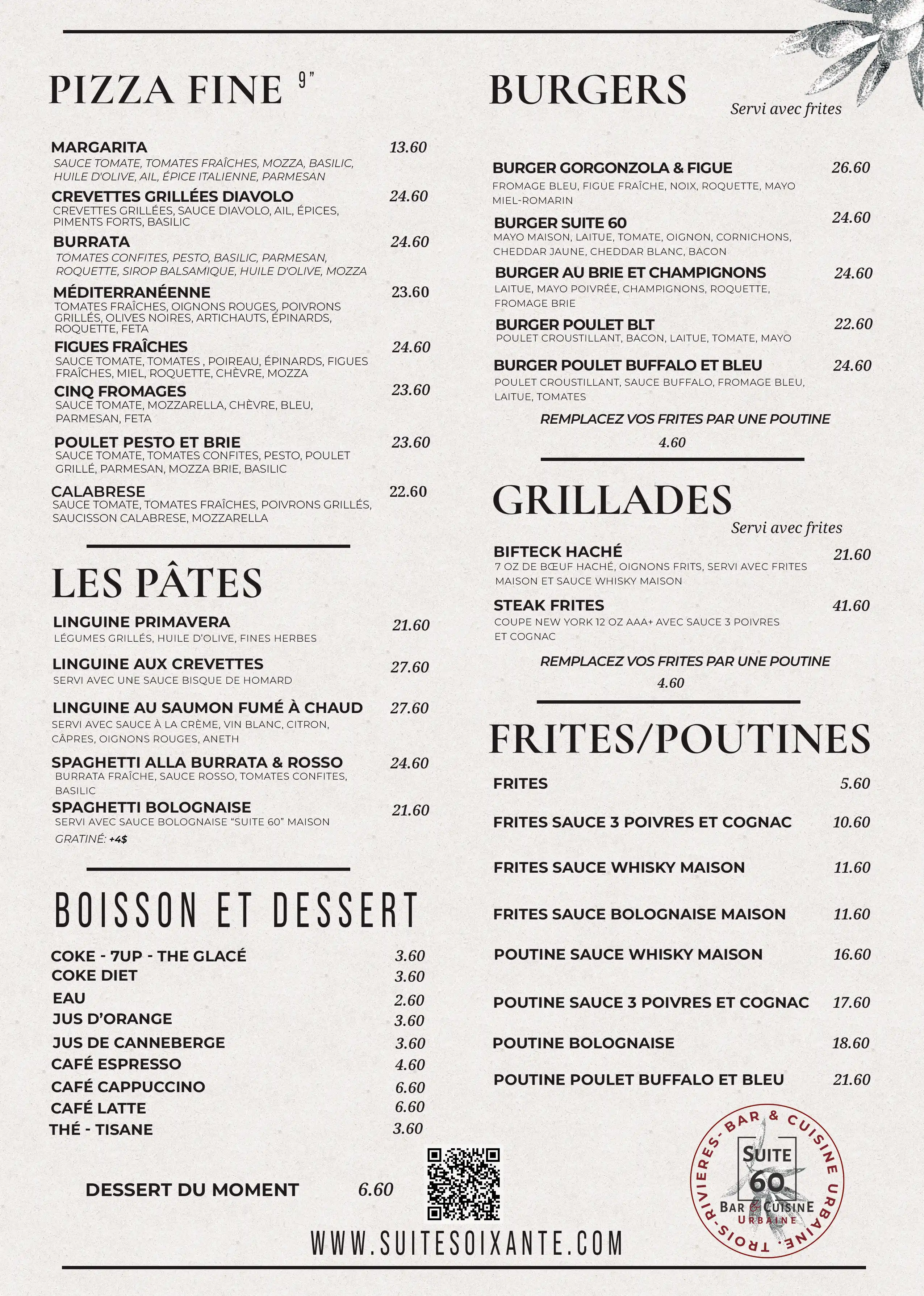 Carte principale de Suite Soixante — page 2, restaurant-bar à Trois-Rivières