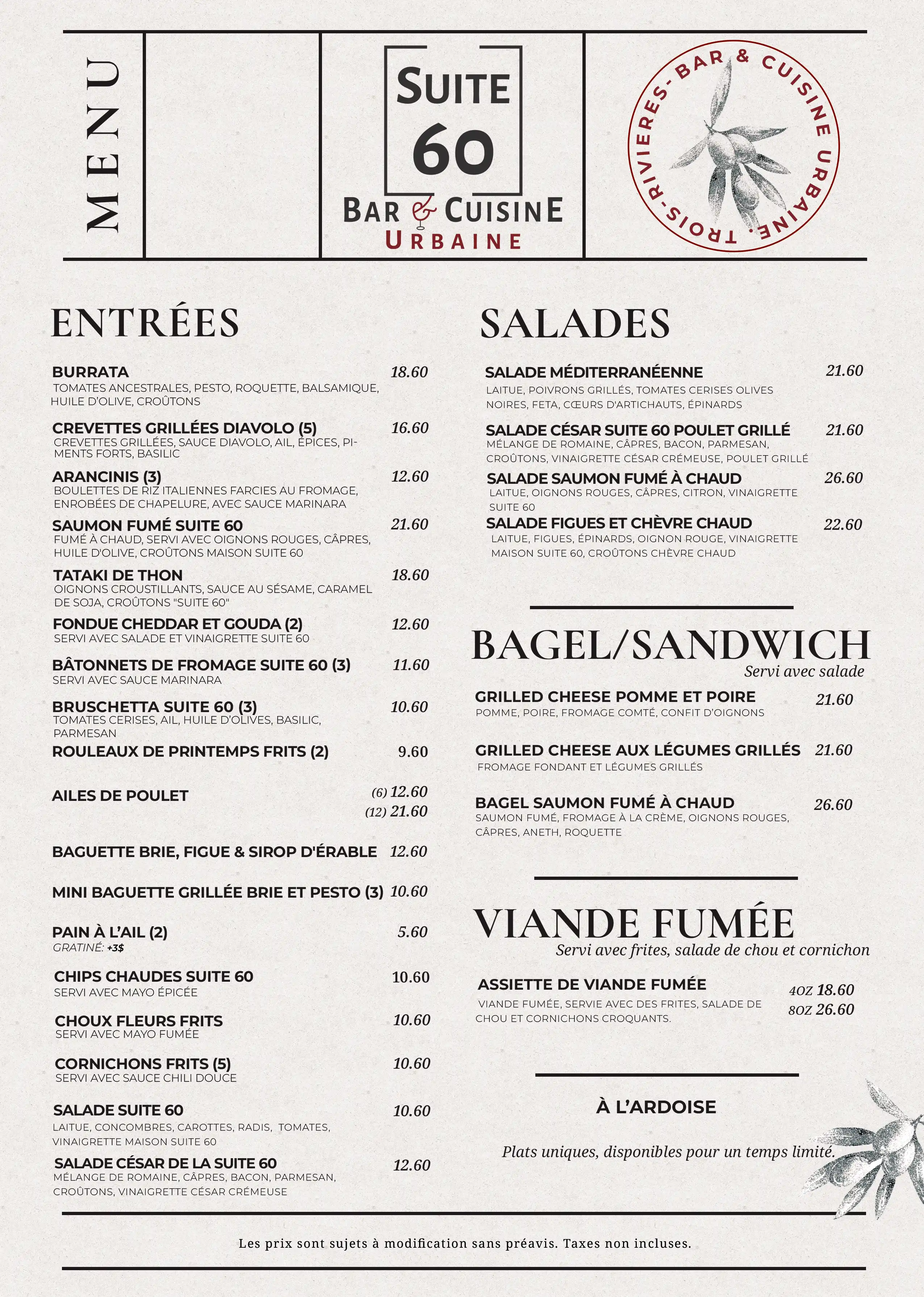Carte principale de Suite Soixante — page 1, restaurant-bar à Trois-Rivières