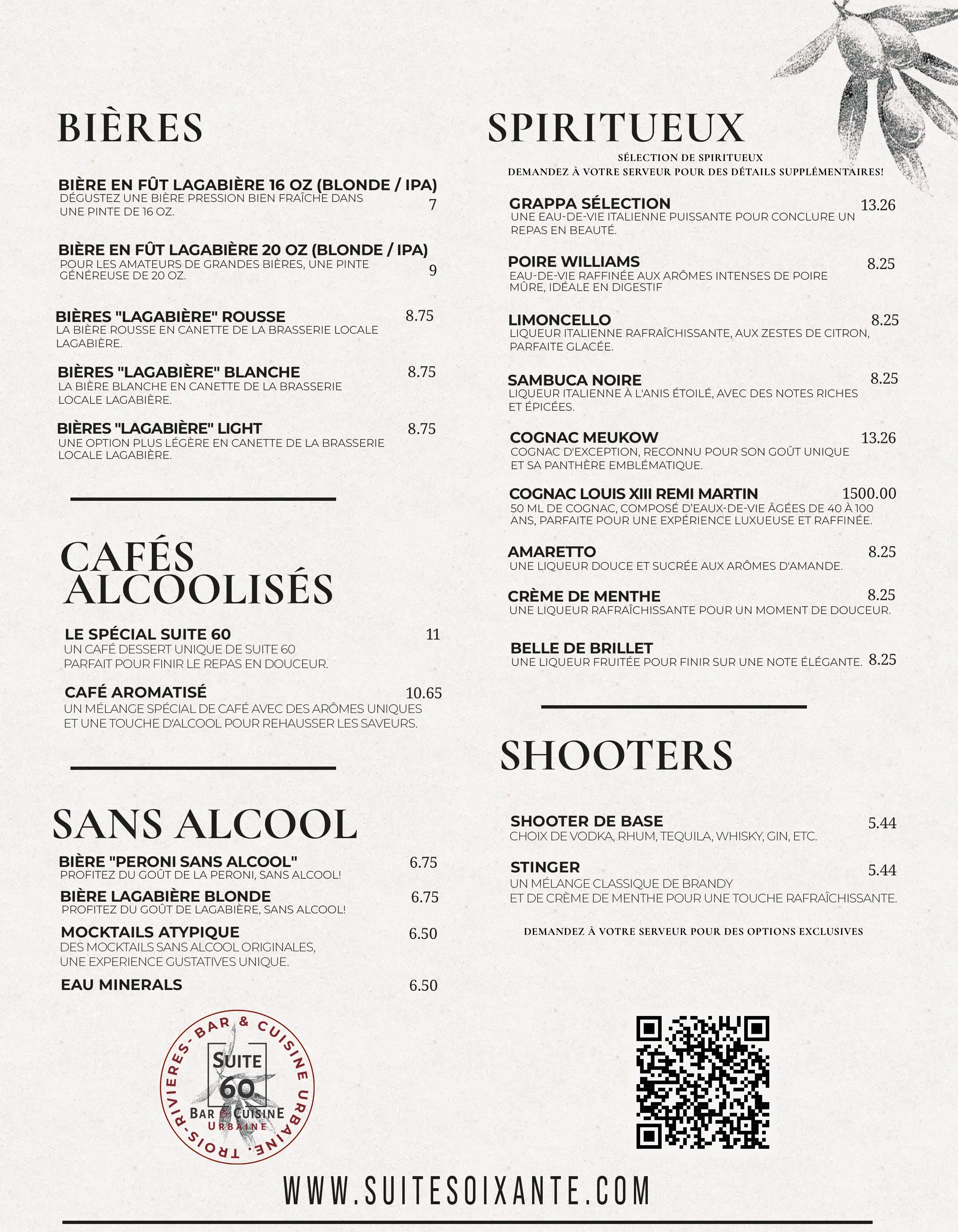 Carte des vins et cocktails de Suite Soixante — page 2, Trois-Rivières