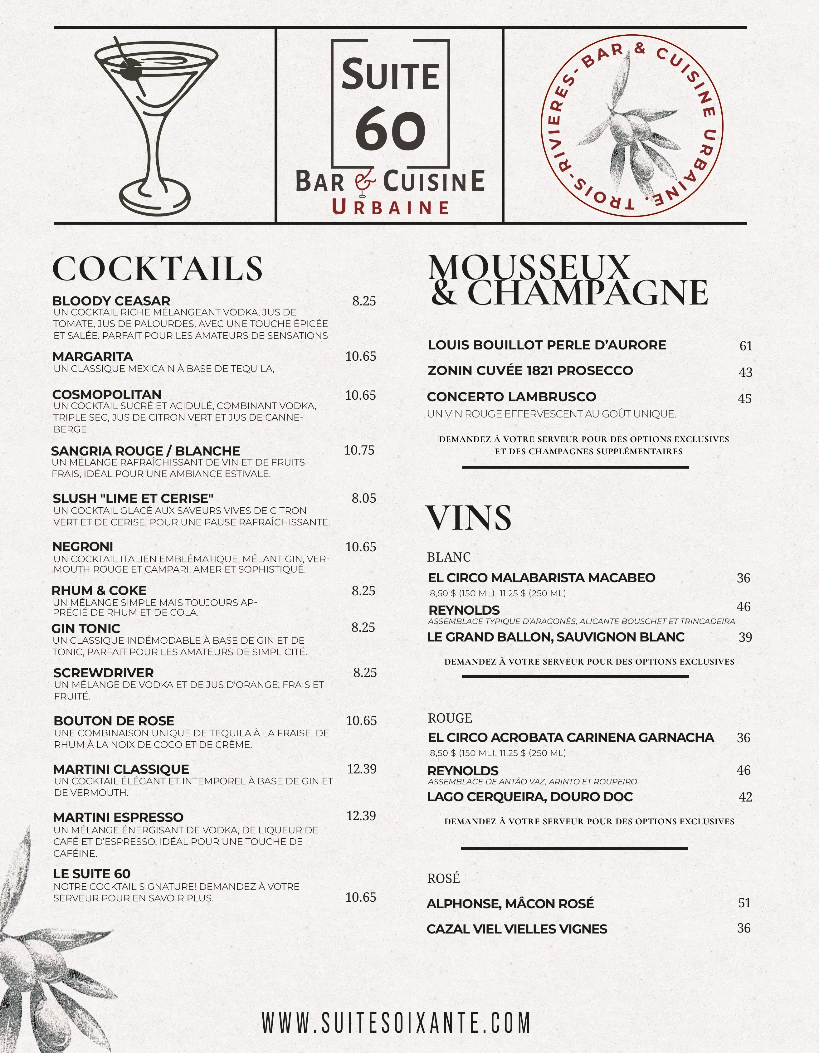 Carte des vins et cocktails de Suite Soixante — page 1, Trois-Rivières