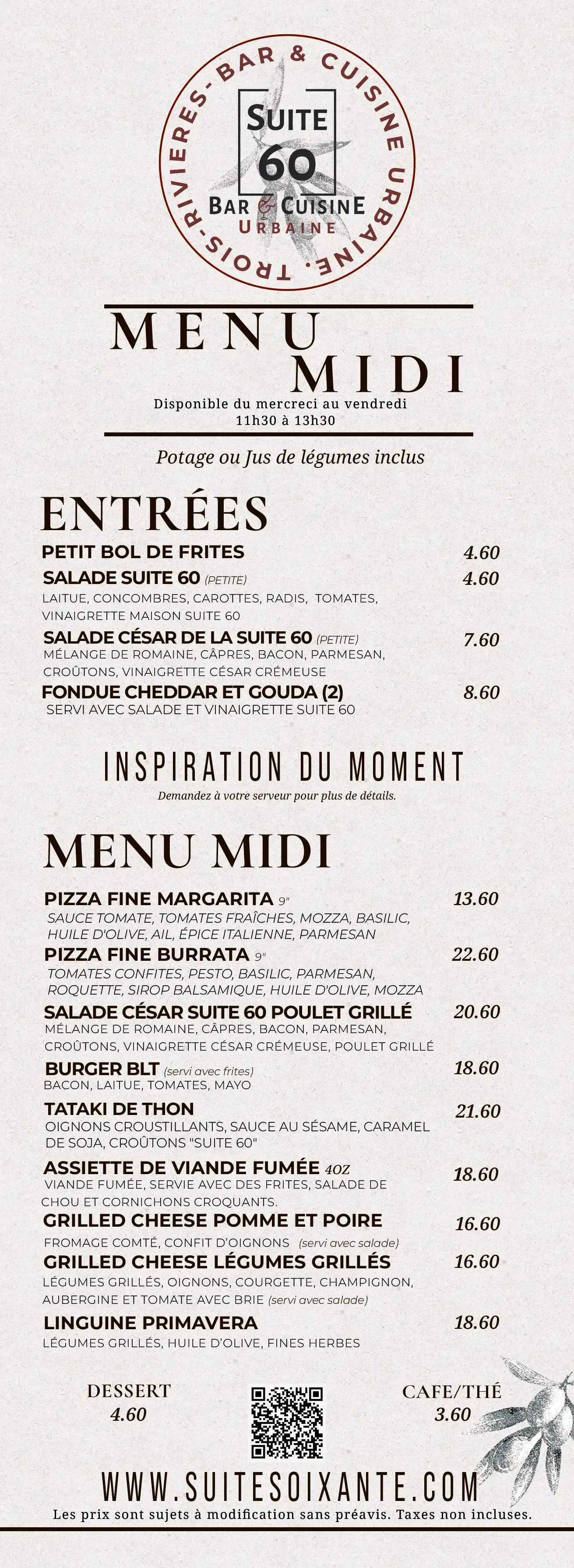Menu du midi de Suite Soixante, restaurant au centre-ville de Trois-Rivières